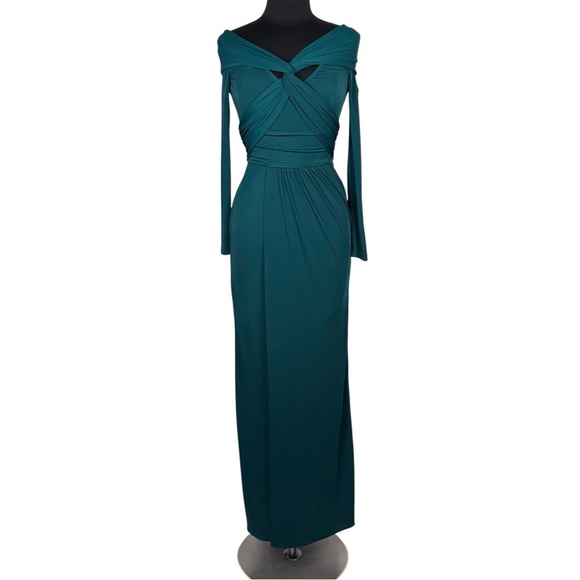 ZAC POSEN FOREST GREEN LONG SLEEVE JERSEY WRAPPED AROUND GOWN DRESS - Picture 5 of 15